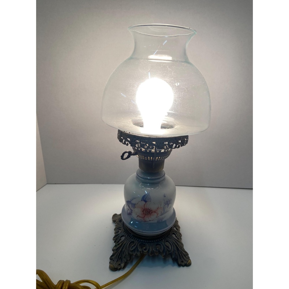 Vintage Small Victorian Style Hurricane Lamp with Pink & Blue Flowers 16in